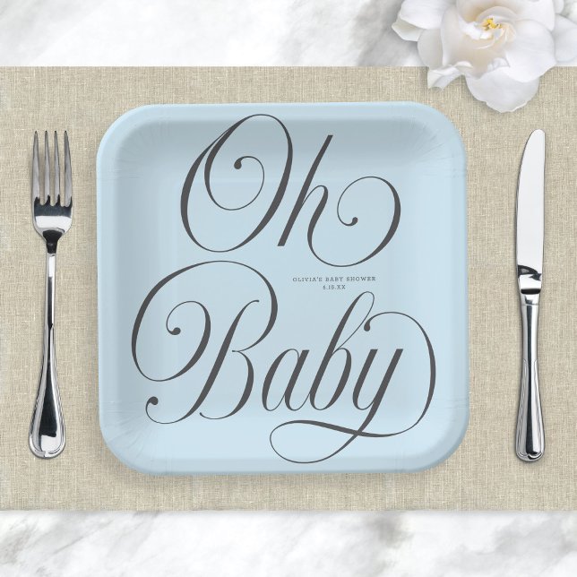 Assiettes En Carton Oh Baby Elegant Script Lt. Blue Boy Baby Shower (Créateur téléchargé)