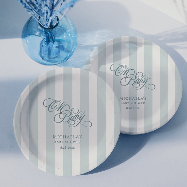 Assiettes En Carton Oh Baby Elegant Script & Stripes Baby shower (Créateur téléchargé)