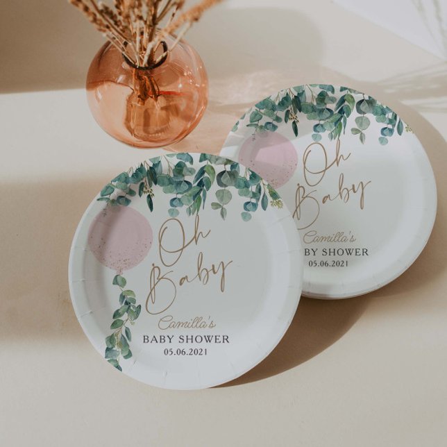 Assiettes En Carton Oh Baby Eucalyptus Baby shower de ballon rose (Créateur téléchargé)