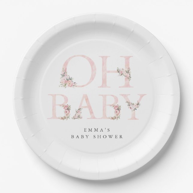 Assiettes En Carton Oh Baby Floral Typographie Baby shower rose (Devant)
