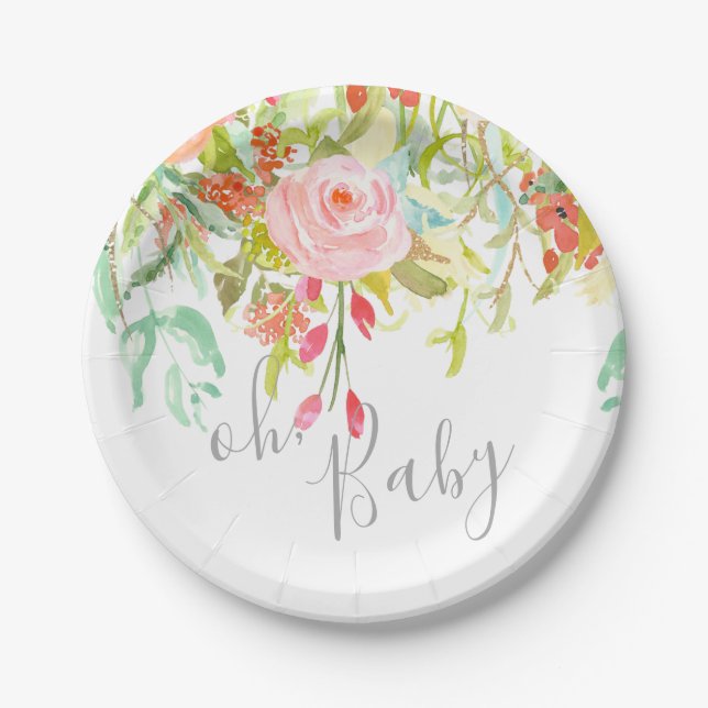 Assiettes En Carton oh Baby Garden Floral rose Grey Shower Party Event (Devant)