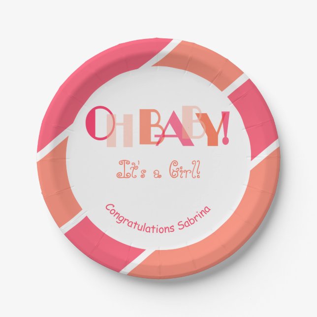 Assiettes En Carton Oh Baby Girl Coral Baby shower moderne (Devant)