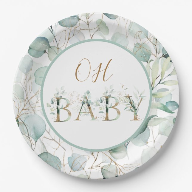 Assiettes En Carton Oh Baby Papier Plaques Baby shower Eucalyptus (Devant)