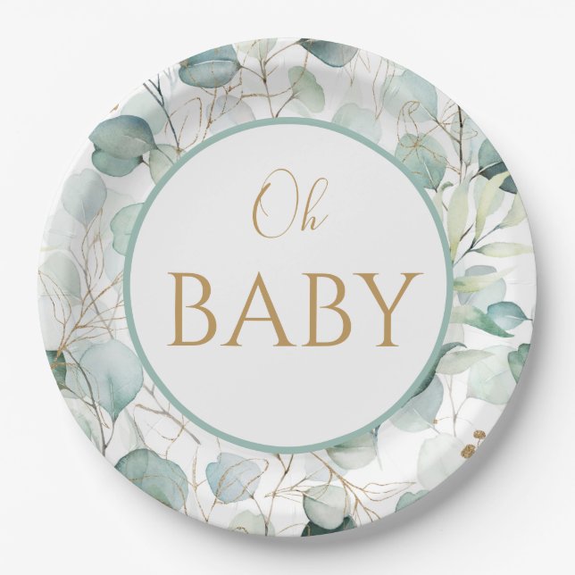 Assiettes En Carton Oh Baby Papier Plaques Baby shower Eucalyptus (Devant)