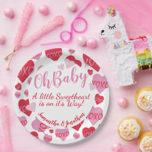 Assiettes En Carton Oh Baby rose rouge amoureux Baby shower blanc
