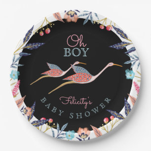 Assiettes En Carton Oh baby shower botanique floral chic de cigogne de