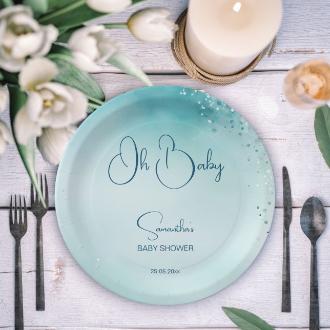 Assiettes En Carton Oh bébé cyan aqua bleu baby shower modèle (Oh baby cyan aqua blue abstract watercolor simple modern baby shower template paper plates printed)