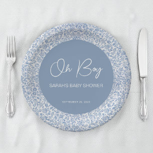 Assiettes En Carton Oh Boy Baby shower de motifs floraux bleu et blanc