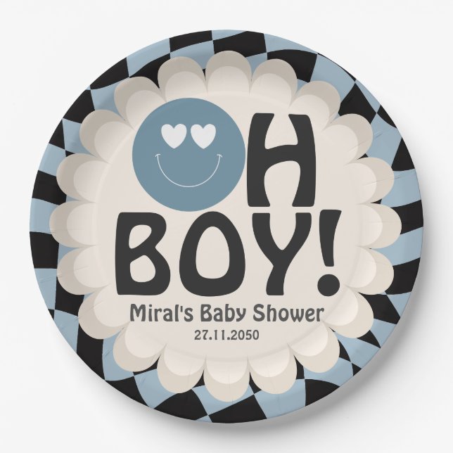 Assiettes En Carton Oh Boy Baby Shower Groovy Blue Happy Face (Devant)