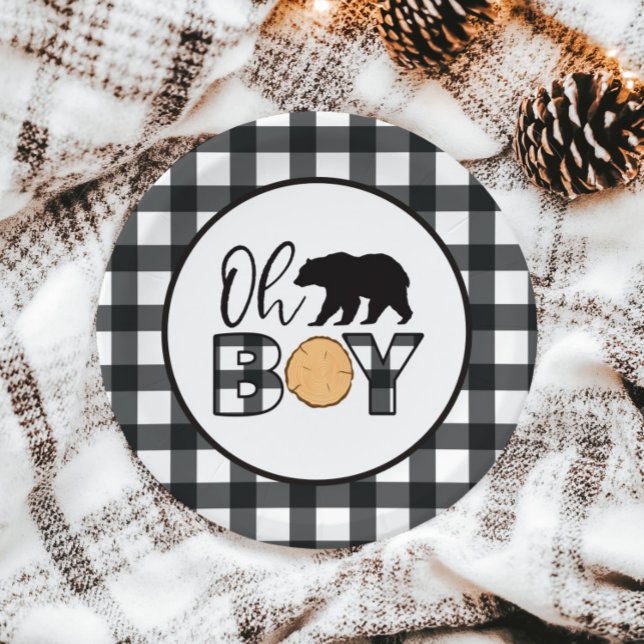 Assiettes En Carton Oh Boy Bear noir Buffalo Plaid Baby shower (Créateur téléchargé)