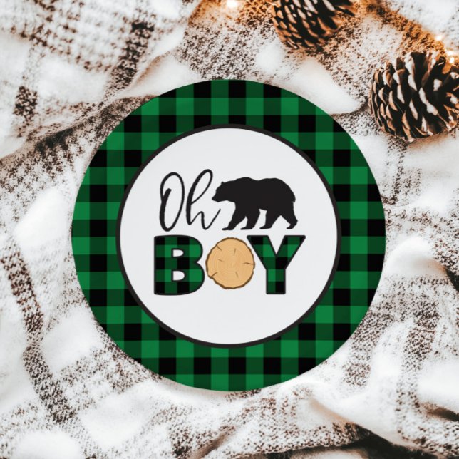 Assiettes En Carton Oh Boy Bear vert Buffalo Plaid Baby shower (Créateur téléchargé)