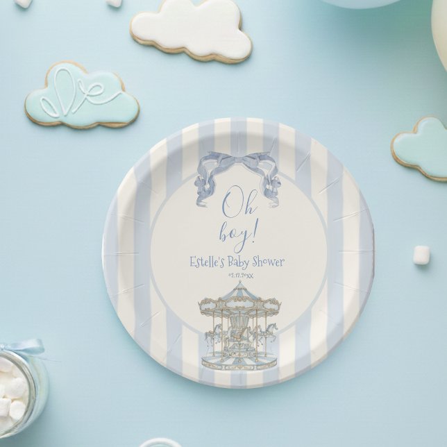 Assiettes En Carton Oh Boy Blue Bow Carousel French Baby Shower (Créateur téléchargé)