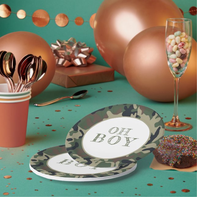 Assiettes En Carton Oh Boy Green Camouflage Baby shower Party (Multi)