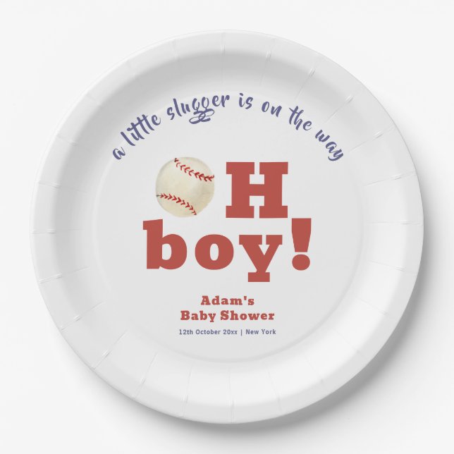 Assiettes En Carton Oh Boy Little Slugger Baseball Sport Baby Shower  (Devant)