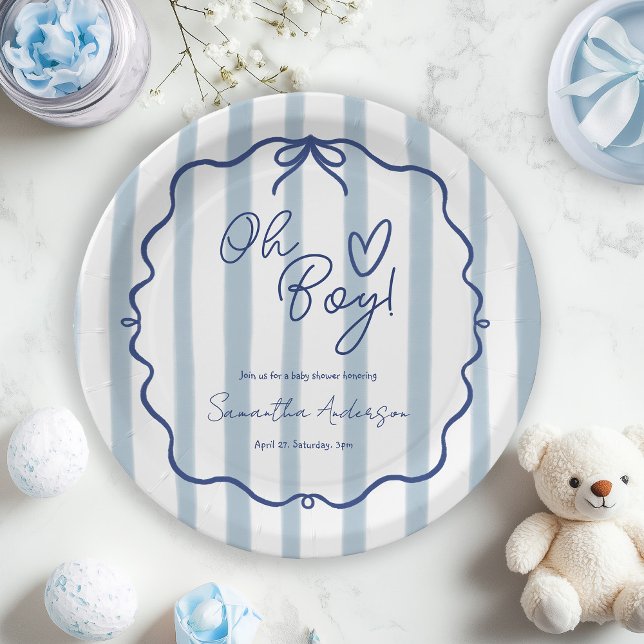 Assiettes En Carton Oh Boy mignon Baby shower bleu Dusty moderne (Créateur téléchargé)