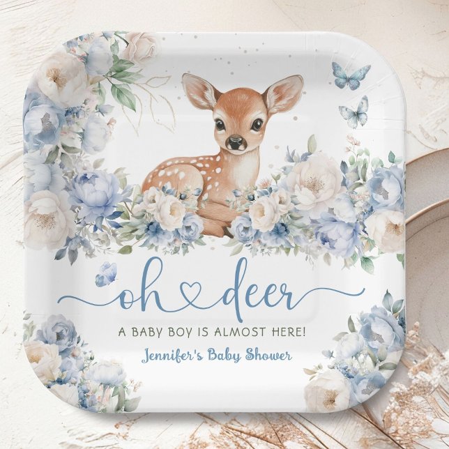 Assiettes En Carton Oh Deer Baby Shower Boy Dusty Blue Paper (Créateur téléchargé)