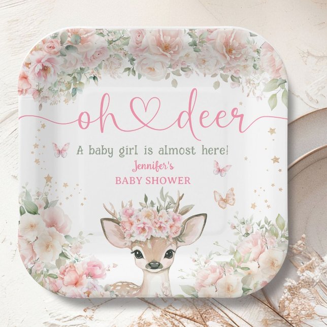 Assiettes En Carton Oh Deer Baby Shower Girl Pink Floral Paper (Créateur téléchargé)