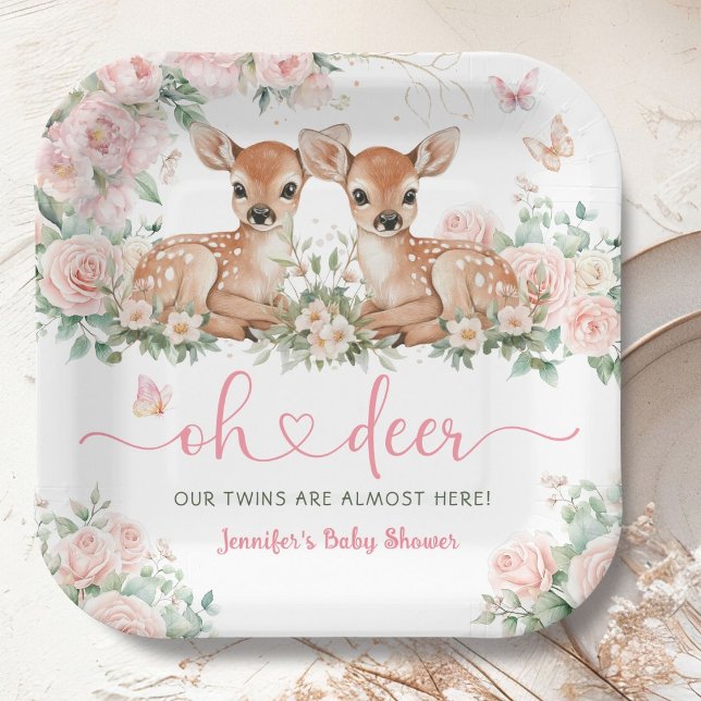 Assiettes En Carton Oh Deer Twin Girls Baby Shower Pink (Créateur téléchargé)