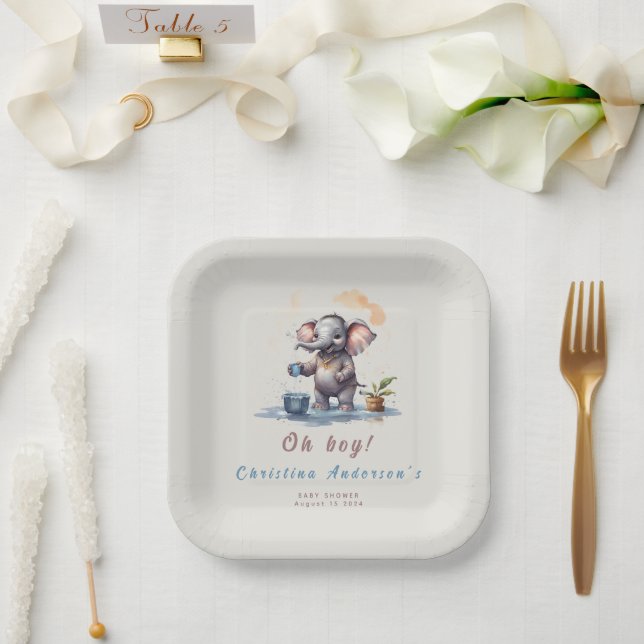 Assiettes En Carton Oh garçon Elephant Rustique Baby shower bleu or (Mariage)