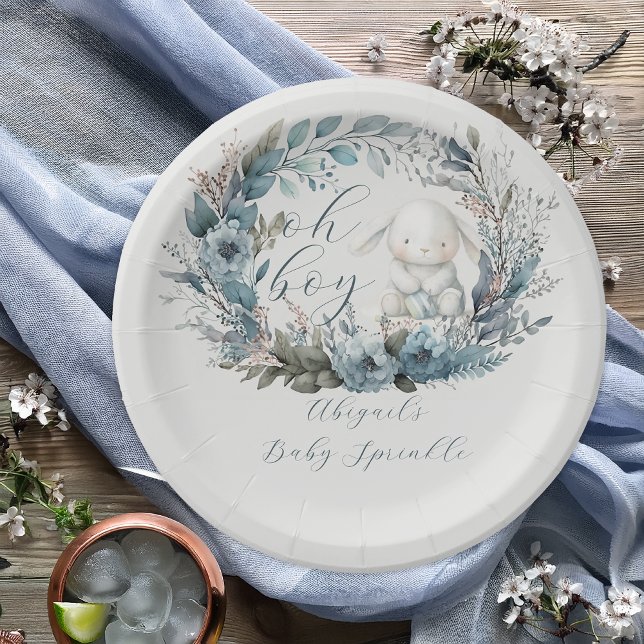 Assiettes En Carton Oh Garçon Lapin Lapin Blue Floral Baby Sprinky (Bunny Rabbit and Blue Floral Wreath Boy Baby Sprinkle Thank You Flat Card  "Oh Boy" Bunny Collection)