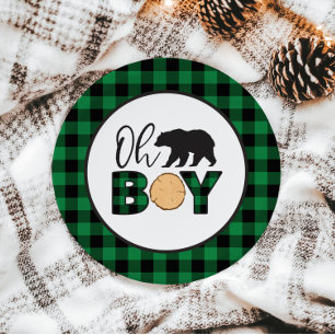 Assiettes En Carton Oh Garçon Ours Carreaux de Buffalo verts Baby Show