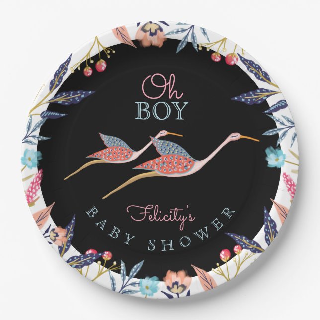 Assiettes En Carton Oh mon garçon | Chic Baby shower floral de cigogne (Devant)