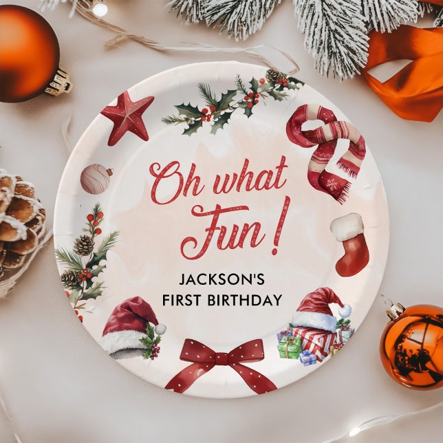 Assiettes En Carton Oh What Fun Noël Première fête d'anniversaire (Créateur téléchargé)