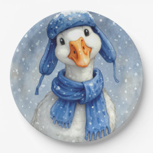 Assiettes En Carton Oie blanche de Noël avec écharpe bleue
