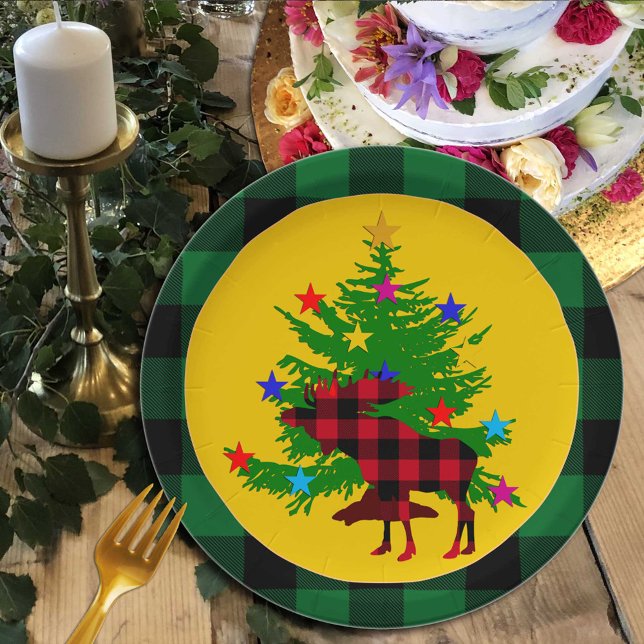 Assiettes En Carton Oie de Noël rustique, Arbre, Plaid de Buffalo vert (Créateur téléchargé)