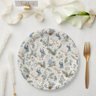 Assiettes En Carton Oie d'hiver bleue aquarelle Noël vacances