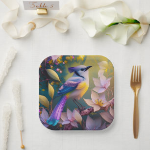 Assiettes En Carton Oiseau à poitrine jaune violet