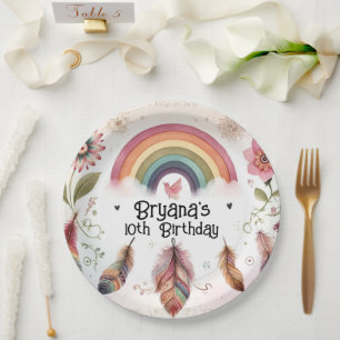 Assiettes En Carton Oiseau arc-en-ciel à l'aquarelle et plumes bohème 