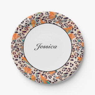 Assiettes En Carton Oiseau du Paradis, peau de léopard, Corail et turq