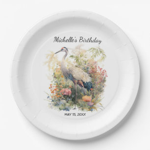 Assiettes En Carton Oiseau grue laisse la floraison florale d'annivers