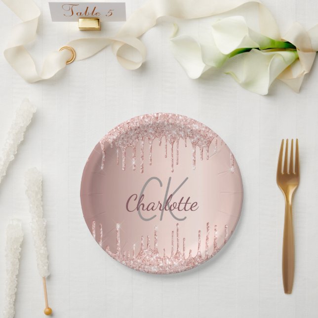 Assiettes En Carton Oiseau rose or gouttes monogramme luxe (Mariage)