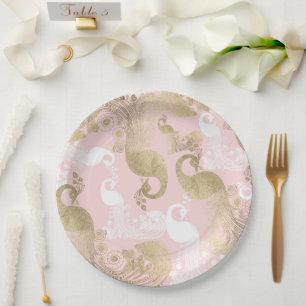 Assiettes En Carton Oiseau royal paon rose poudré or blanc 