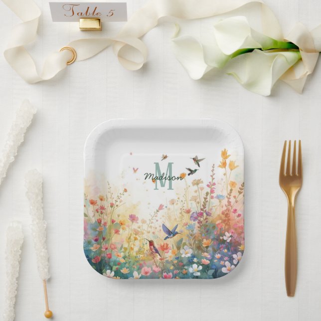 Assiettes En Carton Oiseaux aquarelle printemps monogramme floral Fleu (Mariage)