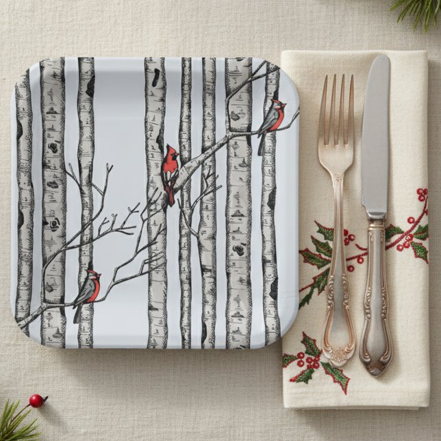 Assiettes En Carton Oiseaux bleus modernes et oiseaux cardinaux rouges (Modern Red Cardinal & Birch Tree Winter Paper Plates. Simple Elegant Birch Trees for Christmas Party)