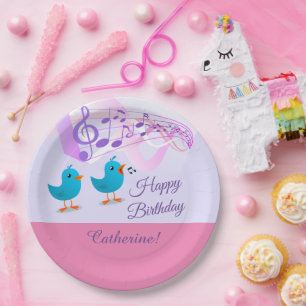 Assiettes En Carton Oiseaux chantant Joyeux Anniversaire Fille rose no
