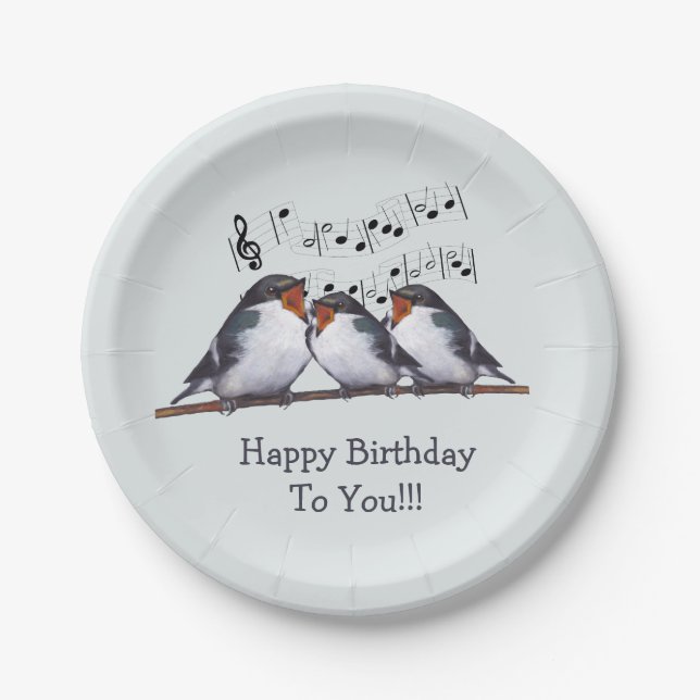 Assiettes En Carton Oiseaux chantant le joyeux anniversaire, art (Devant)