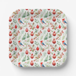 Assiettes En Carton Oiseaux de Noël et ornements rouges