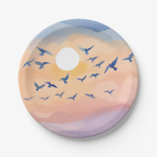 Assiettes En Carton Oiseaux en vol Aquarelle de nature au coucher du