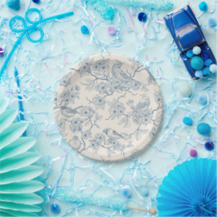 Assiettes En Carton Oiseaux et fleurs de cerisier en bleu et blanc cas