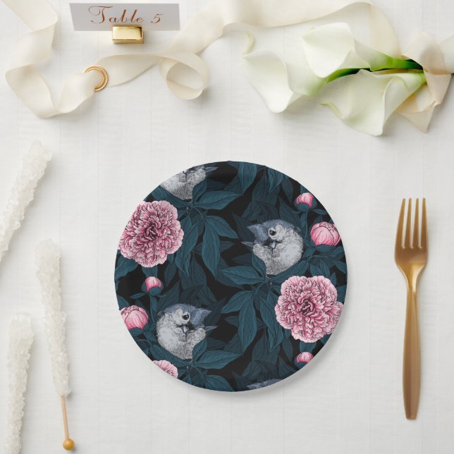 Assiettes En Carton Oiseaux et fleurs de pivoines roses avec feuille (Mariage)