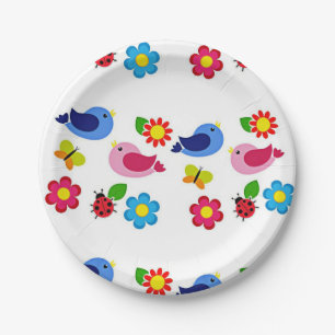 Assiettes En Carton Oiseaux et fleurs printemps