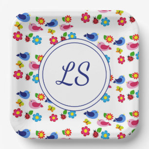 Assiettes En Carton Oiseaux et fleurs printemps motif blanc