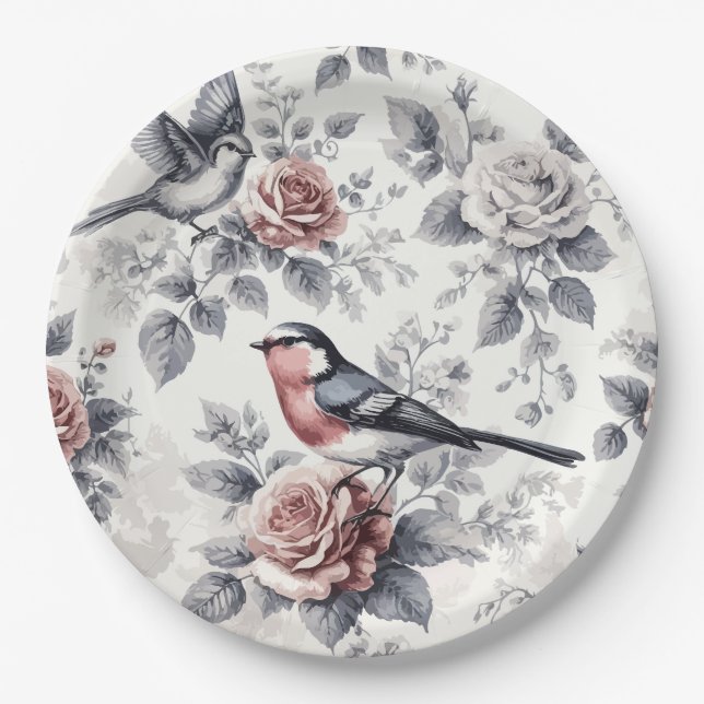 Assiettes En Carton Oiseaux et Roses (Devant)