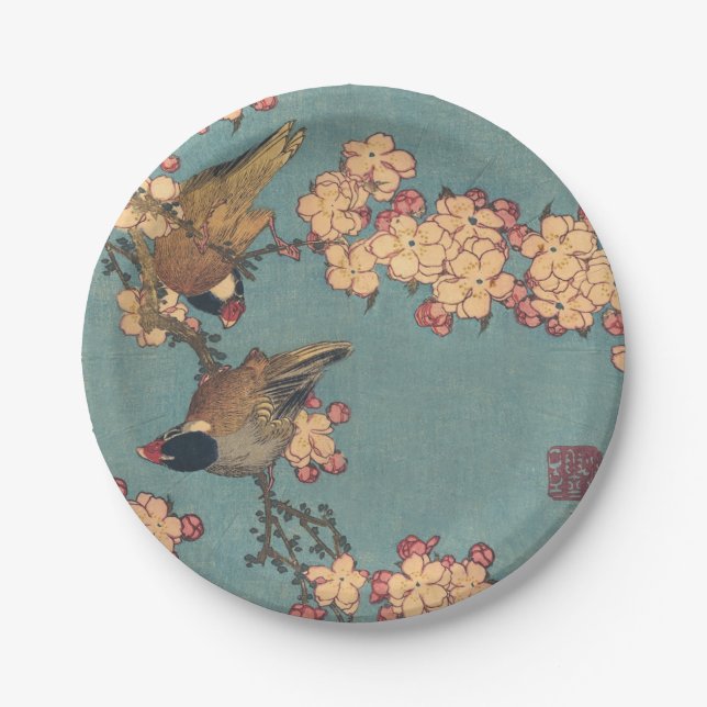 Assiettes En Carton Oiseaux Fleurs Hokusai Art Japonais (Devant)