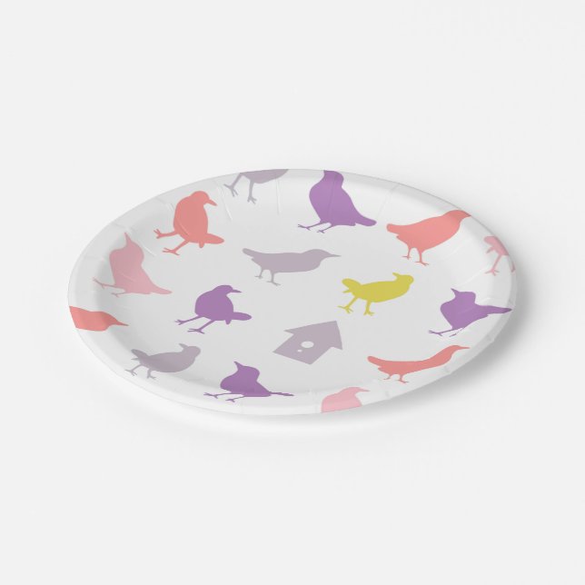 Assiettes En Carton Oiseaux pastel rose et violet avec Birdhouse (Angle)