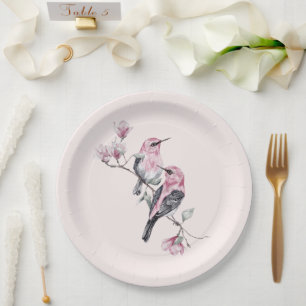 Assiettes En Carton Oiseaux roses et noirs sur une branche d'arbre